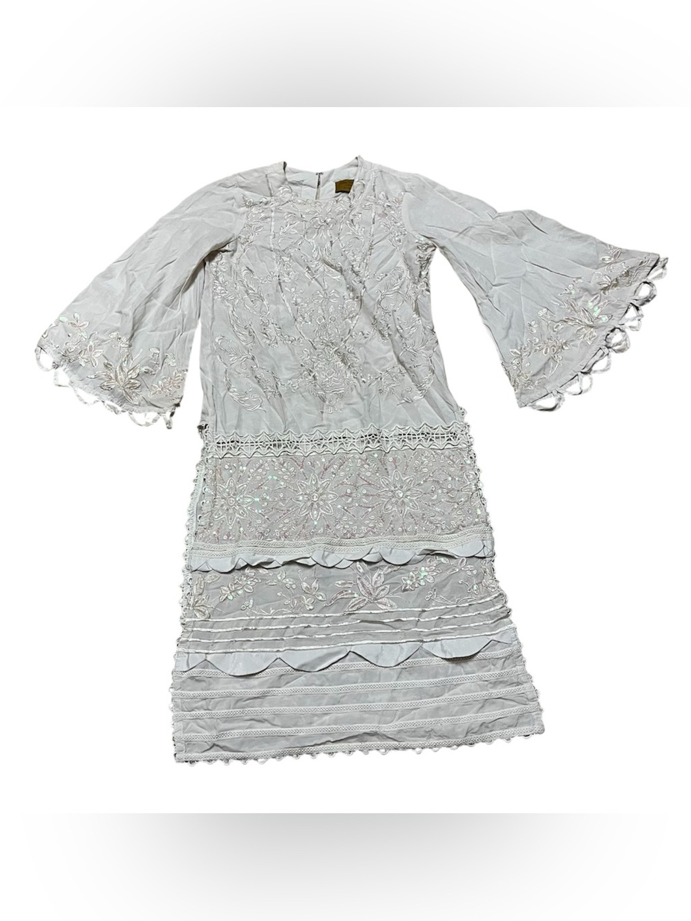 Sana Safinaz Tunic Top Long White Pink Bell Sleeves Sparkly Embellished Size XS